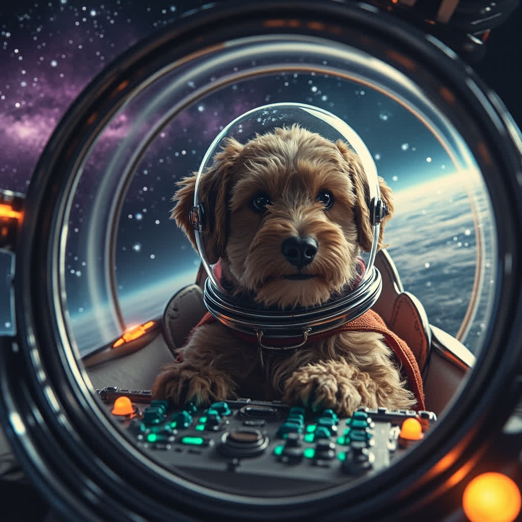 Perro volando en cohete con prompt-optimizer