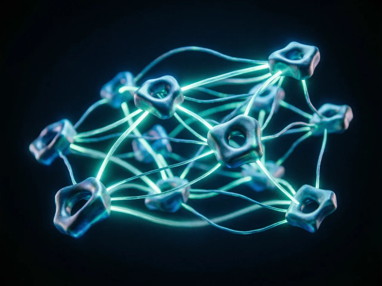 Código fuente con líneas brillantes conectando funciones y clases, visualización de grafo de dependencias, tonos azul profundo y teal