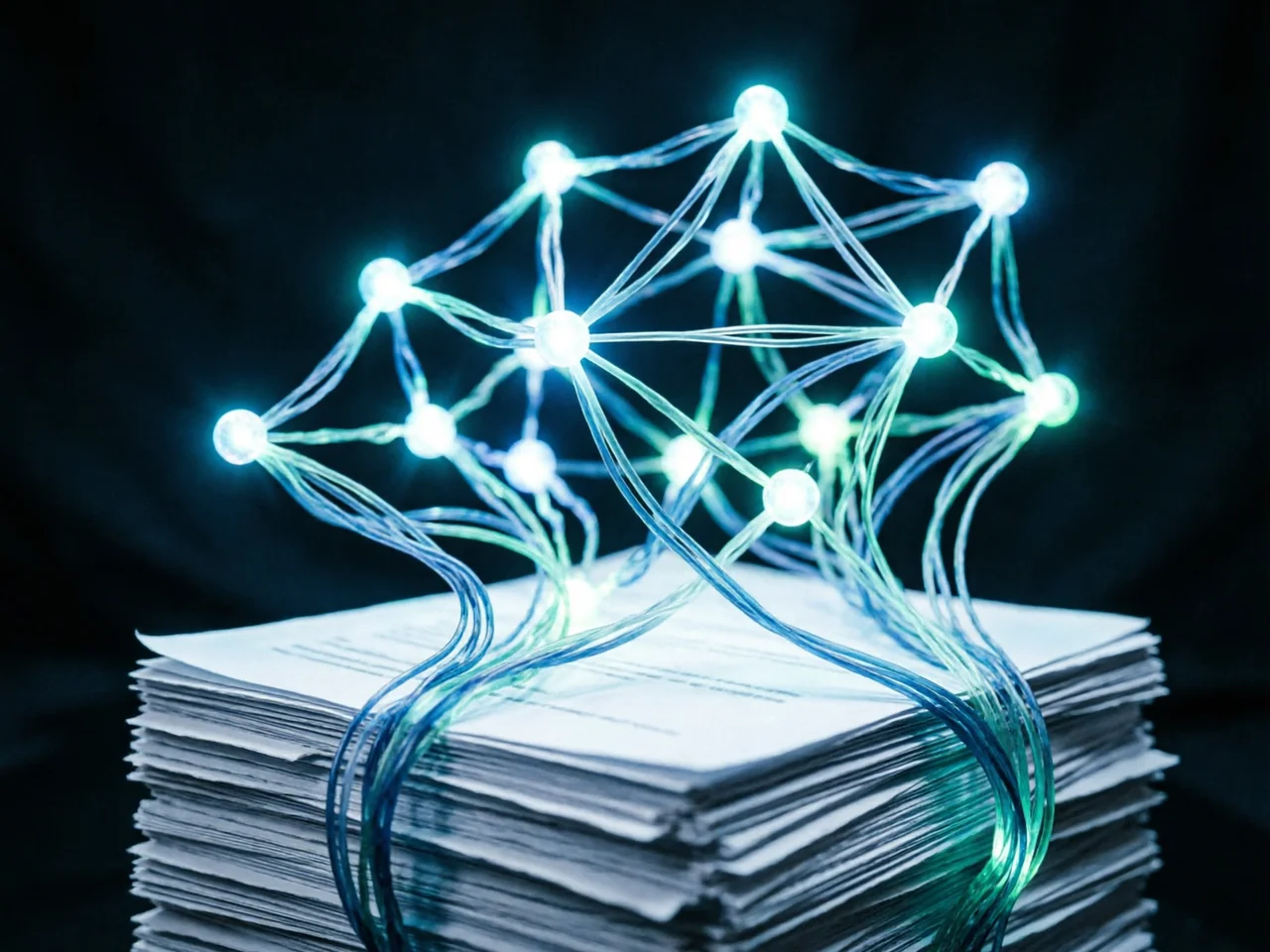 Red de nodos brillantes emergiendo de una pila de documentos, concepto de extracción de conocimiento, tonos azul profundo y teal
